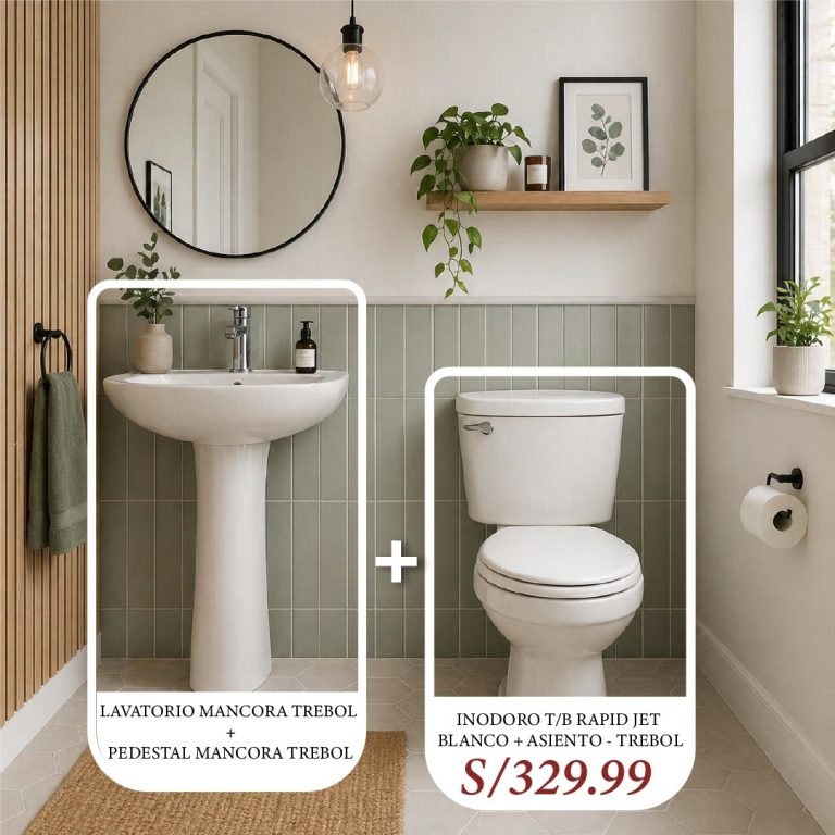 Combo de baño Macora blanco con lavatorio, pedestal, inodoro Rapide Jet y asiento Trebol